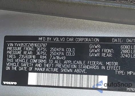 2011 Volvo Xc90 3.2 из США, поврежденный, VIN YV4952CZXB1603787